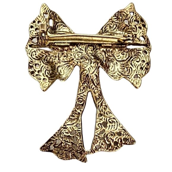 1928 Brand Gold Tone Faux Pearl Filigree Porcelain Rose Bow Brooch Pin L345 - Picture 5 of 9